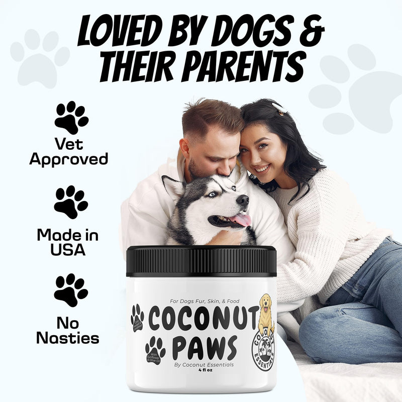 Coconut Essentials Coconut Paws - Dog Skin and Coat, Itching Relief, Hot Spot Treatment, Hair Loss, Cracked Paws, Elbows, Dry Nose | w/Organic Coconut Oil, Olive & Sunflower Oils | Vet Recommended 4oz