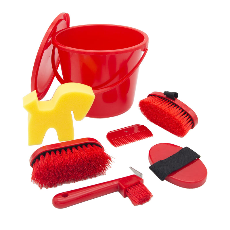 PFIFF 102361 cleaning set, lockable cleaning bucket filled, cleaning box horse care, red