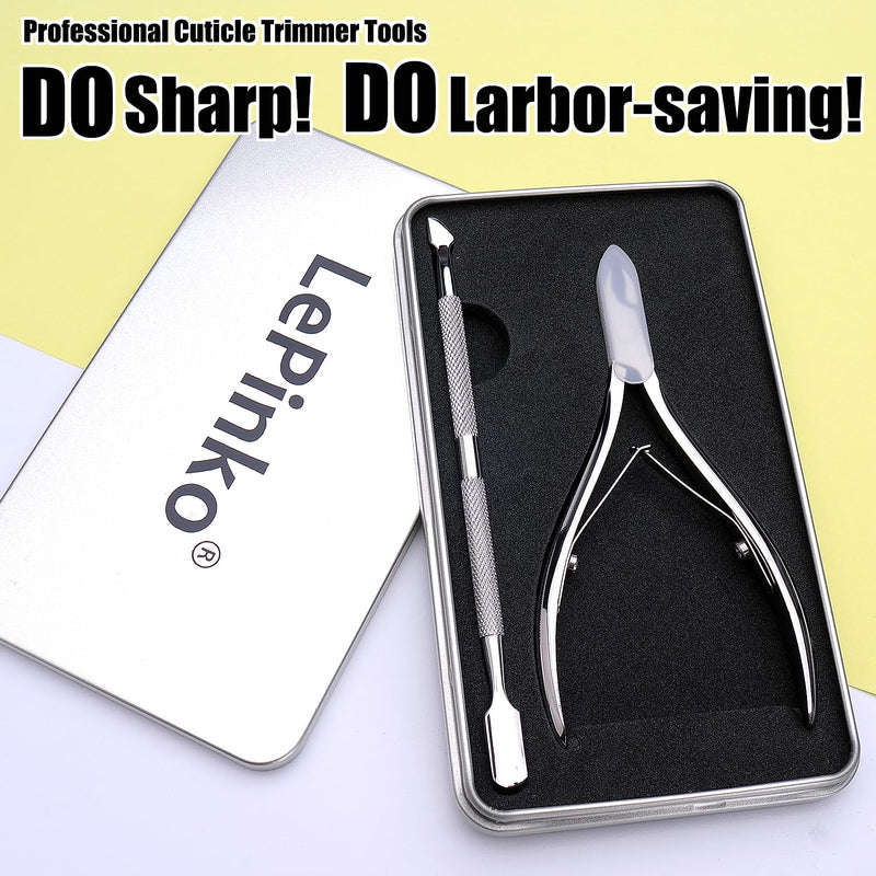 LePinko Salon-Quality Cuticle Trimmer with Cuticle Pusher, Super Labor-saving Cuticle Cutter, Sharp Cuticle Clippers for Manicurist, Professional Pedicure Manicure Nail Care Tool, 5mm Jaw Silver - BeesActive Australia