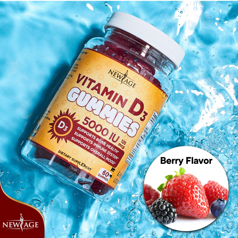 NEW AGE Vitamin D3 5000 IU 125mcg Gummies - Support Immune Support, Strong Bone Health - Non-GMO, Gluten-Free, Dairy-Free, No Gelatin (120 Gummies (Pack of 2)) 120 Gummies (Pack of 2) - BeesActive Australia