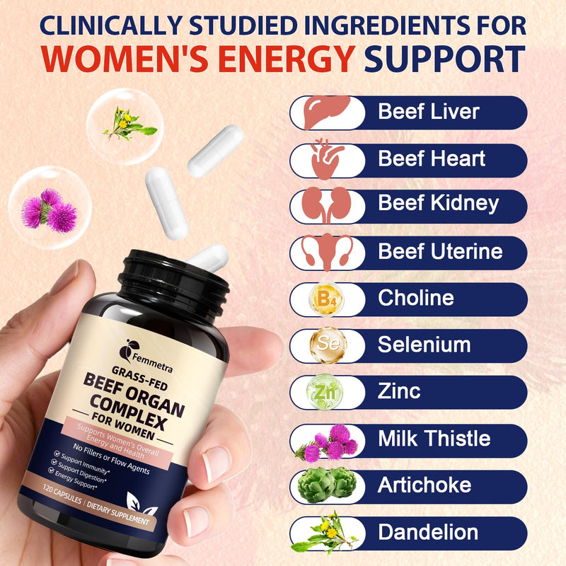 Female-Optimized Beef Organ Complex Superfood Supplement Beef Liver Kidney | Heart, Uterus & 6 More - Grass Fed, Pasture Raised，with Milk Thistle, Balance Hormones, Energy & Women's Wellness 120 Caps