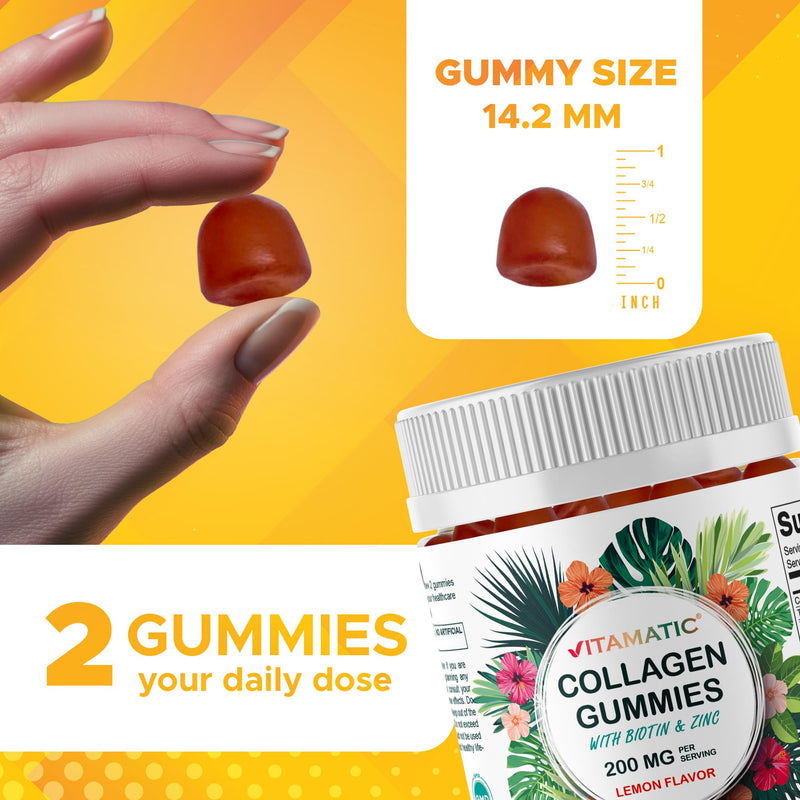 Vitamatic Hydrolyzed Collagen Gummies with Vitamin C, Zinc and Biotin, 200 mg - Healthy Skin Support - 240 Gummies