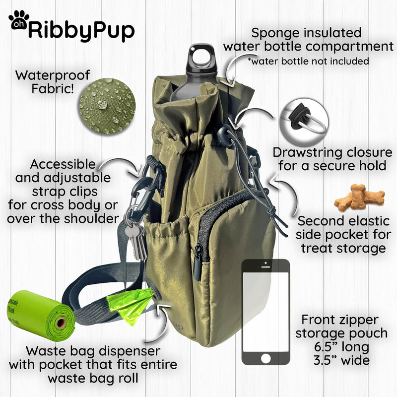 Waterproof Dog Walking Bag and Universal Water Bottle Holder, Built In Poop Bag Dispenser, Unisex Cross Body Treat Pouch, Walking Hiking Dog Training Sport Bag (Army Green) Army Green - BeesActive Australia