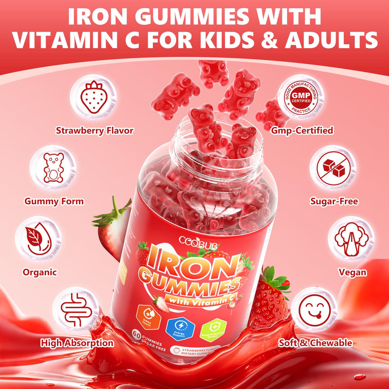 Iron Gummies with Vitamin C, Iron Supplement for Women & Men, 120 Count | Immune Support, Blood Builder & Energy Support for Iron Deficiency, Sugar Free, Vegan, Strawberry Flavor