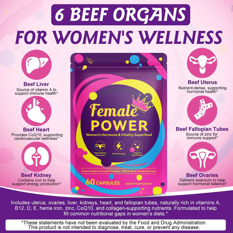 Beef Organ Supplement for Women - Hormone Balance & Stress Relief Supplement, Supports Skin & Nails, 100% Grass-Fed Beef Organ Capsules(Liver, Kidney, Heart, & 3 More), Non-GMO, 60Pc