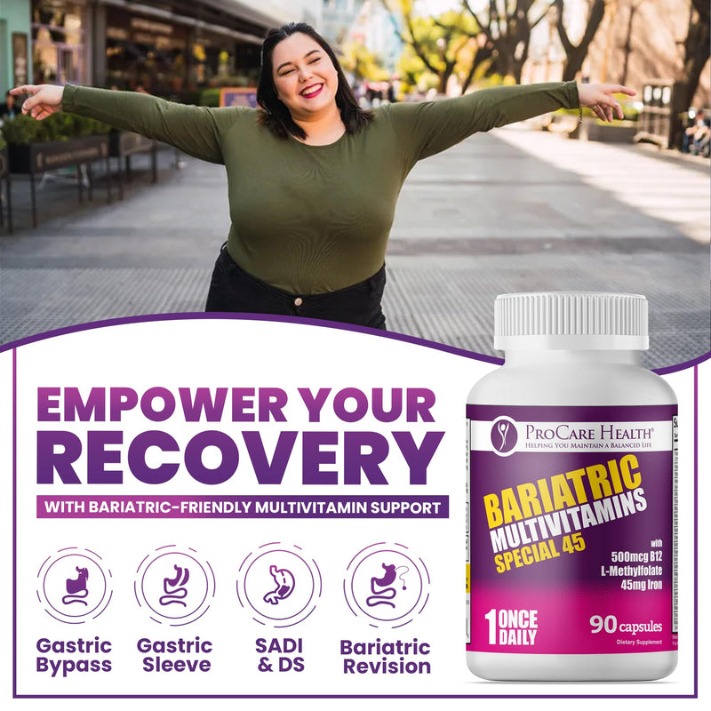Special-45 Bariatric Multivitamin | Reduced B12 | Capsule | 90ct | Post-Op Bariatric Vitamins for Gastric Bypass, Sleeve, Duodenal Switch & Sustain Recovery (3 Month Supply) - Made in USA 90 Count (Pack of 1)