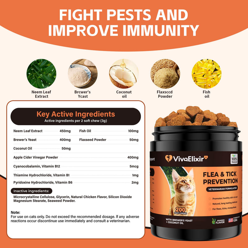 Flea & Tick Treatment for Cats – Natural Flea, Tick & Mosquito Prevention with Brewer’s Yeast, Coconut Oil – Skin & Coat Health, Immune Support – Vet Formulated 200 Chews