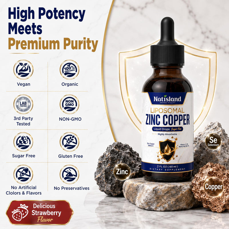 Liposomal Zinc Picolinate 30mg Copper Liquid Drop for Adult & Kid | Zinc Supplement with Selenium, Vitamin C, B, D3, K2, Magnesium, Immune, Mineral & Thyroid Support, Vegan, Strawberry, 2 FL OZ