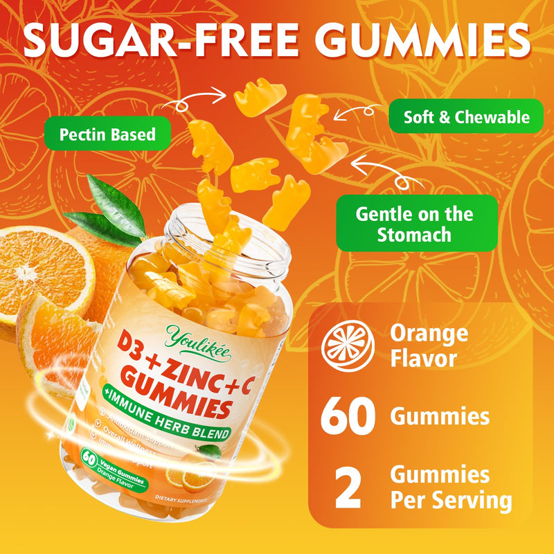 Vitamin C + D3 5000IU + Zinc Gummies for Adults, Orange Flavor, 60 Count | Immune Support supplement with Elderberry, Echinacea & Mullein Leaf - Antioxidant Support, Sugar Free 60 Count (Pack of 1)