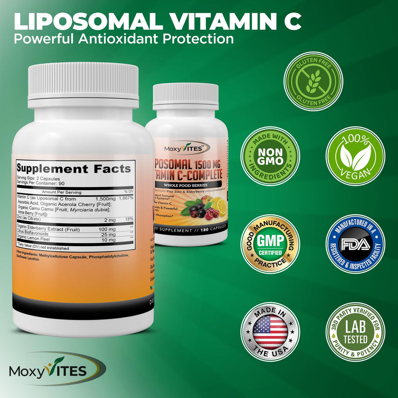 Liposomal Vitamin C with Zinc Capsules - Vit C Organic Elderberry, Amla, Camu Camu- Vitamina C High Absorption, Anti Aging, Immune Support,1500mg/Serving 3 Month Supply Gluten Free NON GMO Veggie Caps