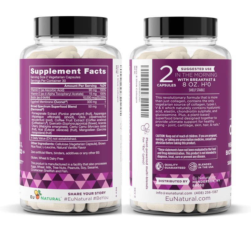 Eu Natural Vegetarian Collagen Pills for Women, 60 Capsules | Supports healthy skin, joints, hair - collagen capsules (Types I, V, X) with 9 plant-based superfoods, Biotin, Vitamins C & E
