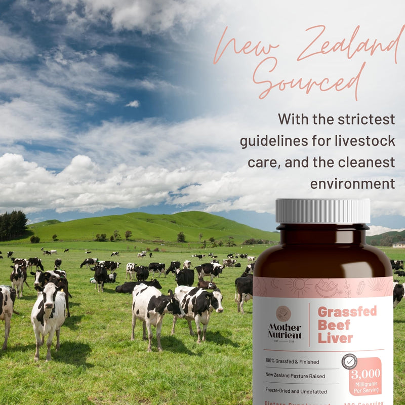 Mother Nutrient Grass Fed Beef Liver Capsules Sourced from Pasture-Raised Beef in New Zealand ‚Äî Vitamins A and B12 w/Iron, Protein, and More - 45-Day Supply-180 Capsules
