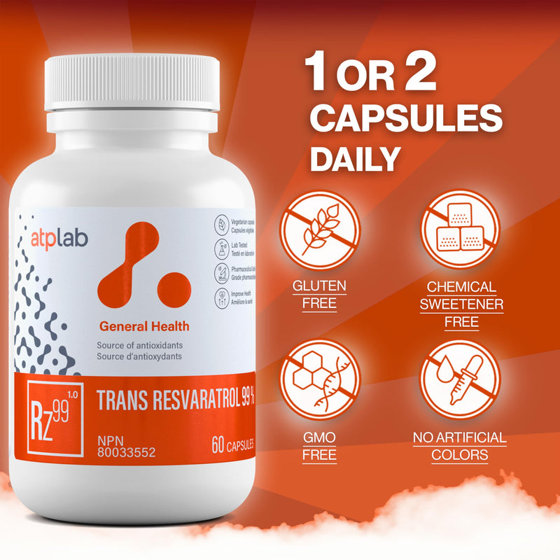 ATP LAB Trans Resveratrol 60 Capsules 60-Day Supply - Source of Antioxidants - Improve Immune System, Cardiovascular Health and Enhance Skin Health - Non-GMO and Gluten-Free