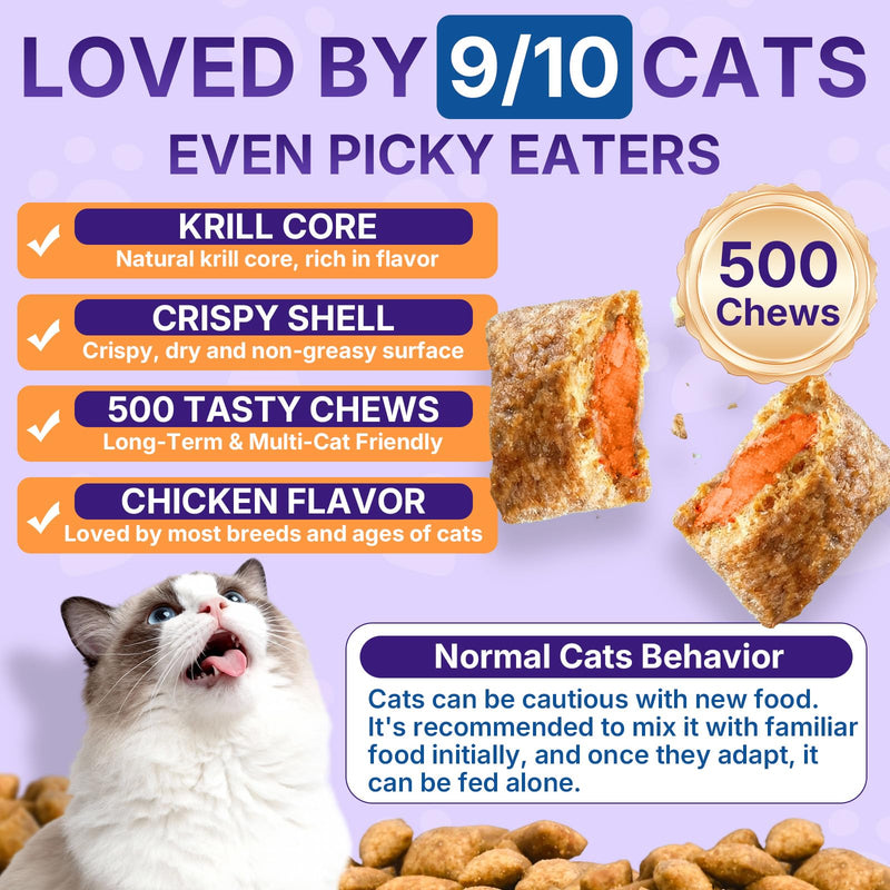 Taurine for Cats Vitamins Treats, 18 in 1 Cat Multivitamins Treats 500 Crunchy & Krill Chews Cat Vitamins with Taurine Supplements for Heart Vision Immune Digestion Skin & Coat Support for All Ages