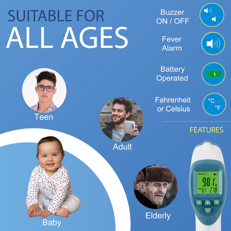Elate Forehead Thermometer | Digital Infrared No-Touch Thermometer for Adults, Kids, and Infants | with Fever Alarm | Home Medical Grade for Nurse Accessories | Newborn Essentials Blue