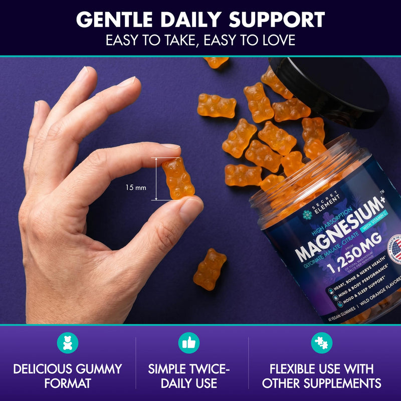 Secret Element Magnesium Glycinate 1250MG Gummies, High Absorption Magnesium Glycinate, Citrate & Malate, with Vitamin C, Sugar-Free, Vegan, Chews for Men & Women, 60 Gummies, Wild Orange Flavor 60 Count (Pack of 1)