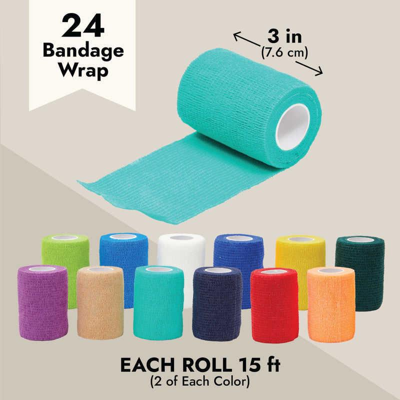 Juvale 24 Rolls Self Adhesive Bandage Wrap 3 Inch x 5 Yards - Stretch Cohesive Medical Tape for Vet, First Aid, Tattoo (12 Colors) - BeesActive Australia