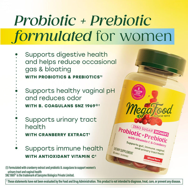 MegaFood Zero Sugar Womens Probiotic Prebiotic Gummies, Berry, 60 Gummies | Prebiotics and Probiotics for Women, Vitamin C and Cranberry, Supports Immune, Vaginal and Gut Health, Vegan, 30 Servings