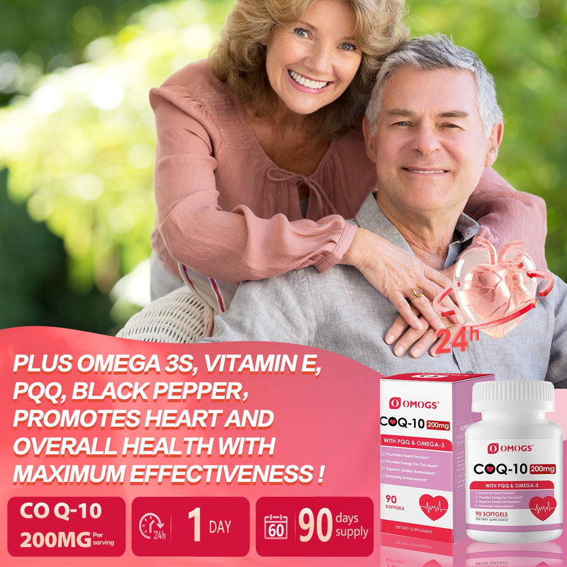 OMOGS CoQ10 200mg Softgels, Coenzyme Q10 High Absorption Supplements Support Heart Health, Cardiovascular Health, Immune System & Cellular Energy Production, Gluten Free, 90 Softgels 90 Count (Pack of 1)