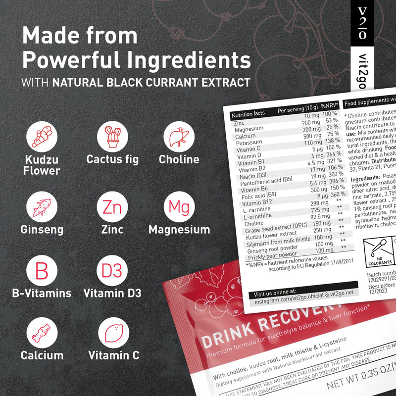 Drink Recovery Electrolytes Powder 250g with Vitamins, Vegan Electrolyte Packets for Hydration & Liver Detox, Blackcurrant Flavor (25 Portions) 8.2 Ounce (Pack of 1)