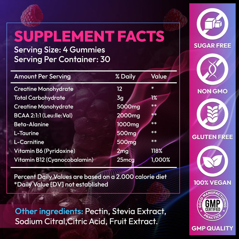 Creatine Gummies Monohydrate Complex 9000MG, Pre-Workout for Men & Women, Creatine Gummy with L-Taurine, BCAA 2:1, B12/6 for Muscle Support, Enhance Strength, Energy Boost-120 Count Raspberry 120 Count (Pack of 1)