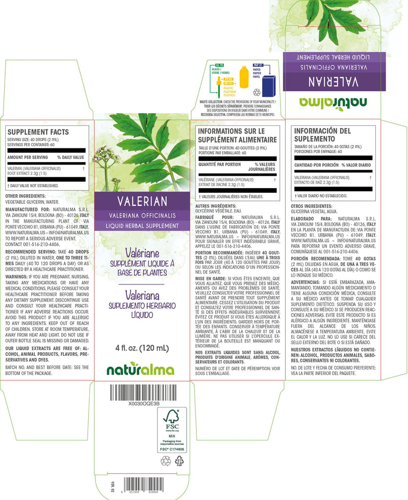 Naturalma Valerian (Valariana officinalis) root Alcohol-free Tincture - 4 fl oz Liquid extract in drops - Herbal supplement - Vegan 4 Fl Oz (Pack of 1) - BeesActive Australia