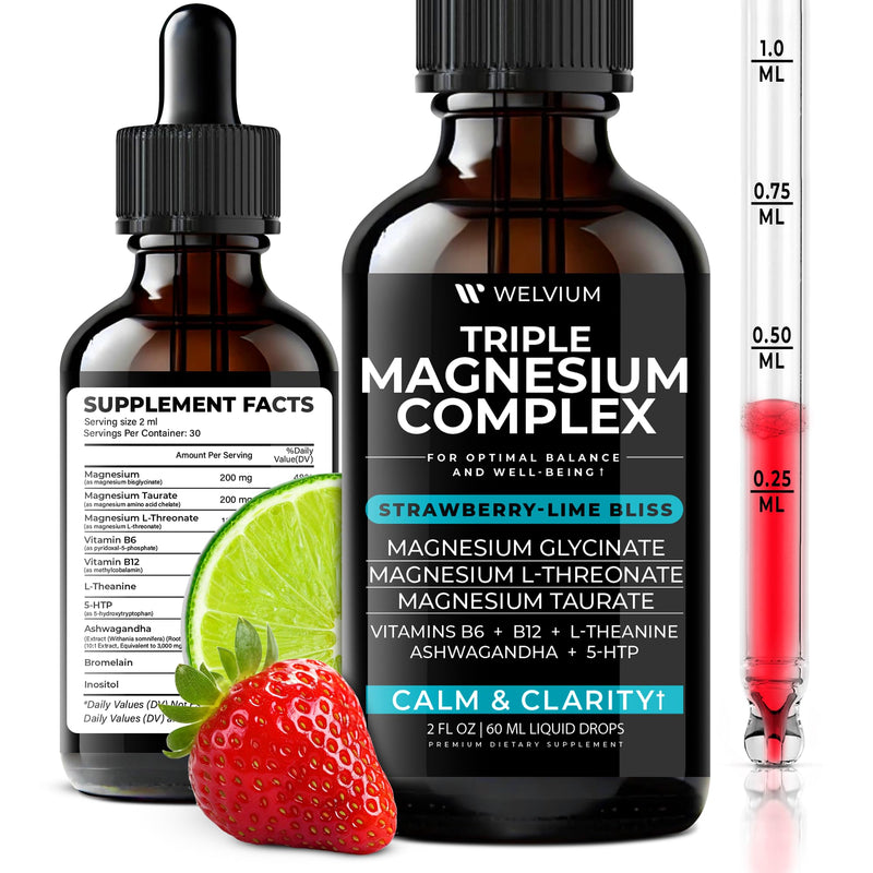Triple Magnesium Complex Liquid Drops with Ashwagandha, L-Theanine, 5-HTP | Magnesium Glycinate Supplement, L-Threonate & Taurate, Ashwagandha, L-Theanine, 5-HTP, Vitamins B6, B12, Bromelain & Inositol