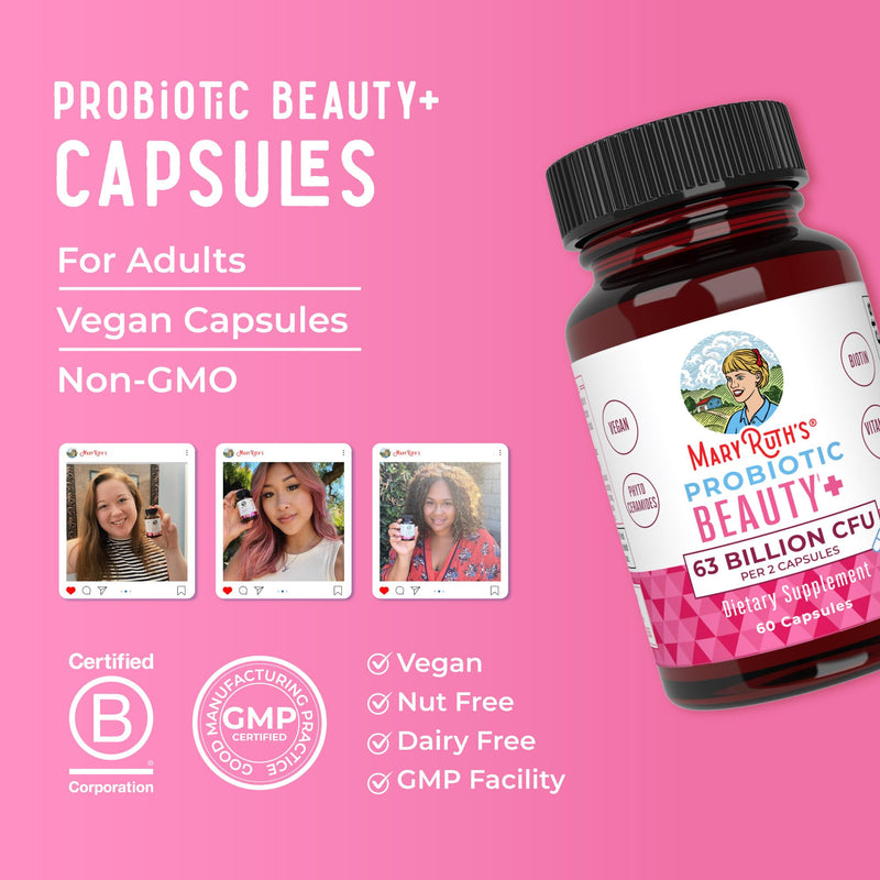 MARYRUTH'S Probiotic Beauty Capsules, Gut Health, Vegan Collagen Support | Red Orange Complex & Ceramosides, Anti Aging, Hair Skin and Nails Vitamins 60 Count (Pack of 1)