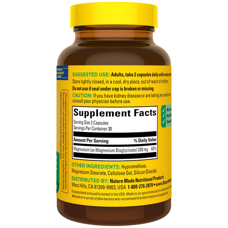 Nature Made Magnesium Glycinate 200 mg per Serving, 60 Capsules | High Absorption Magnesium Supplement for Muscle, Heart and Bone Support, Magnesium Bisglycinate Capsules, 30 Day Supply 60 Count (Pack of 1)