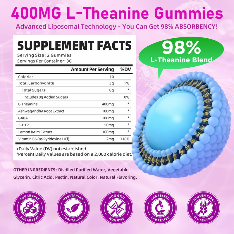 L-Theanine Gummies for Kids & Adults, L'Theanine 400mg with Ashwagandha, GABA, 5HTP, L Theanine Supplement for Calm, Zzz & Relaxation Support, Raspberry Flavor, 60 Counts 60 Count (Pack of 1)
