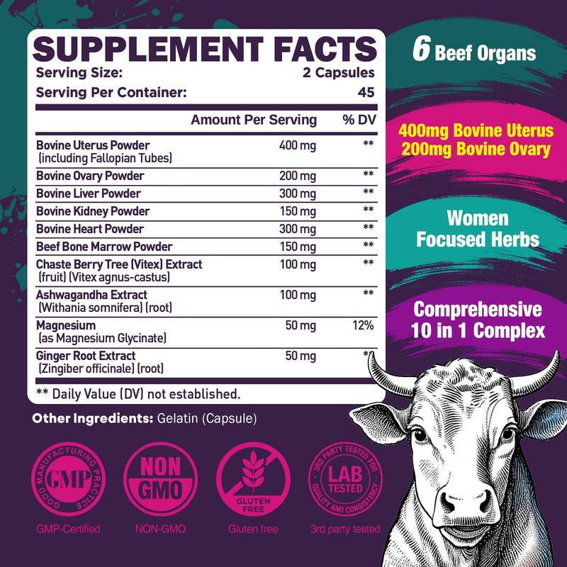 duwhot Beef Organ Supplement for Women, 90 Capsules | 10 in 1 Complex with Beef Liver, Uterus, Kidney, Heart, Support Energy & Monthly Balance, Grass Fed, Pasture Raised