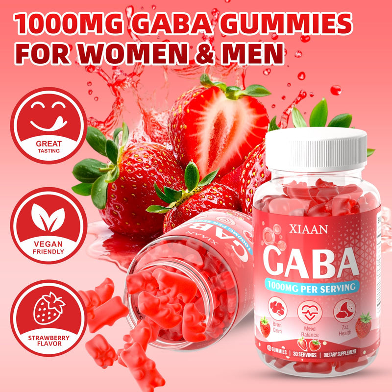 GABA Gummies 1000mg for Kids & Adults, Chewable GABA Supplements with L Theanine 5-HTP Ashwagandha Vitamins B6,B12,D3 for Calm & Zzz, Sugar-Free/Vegan, Strawberry Flavor 60 Count 60 Count (Pack of 1)