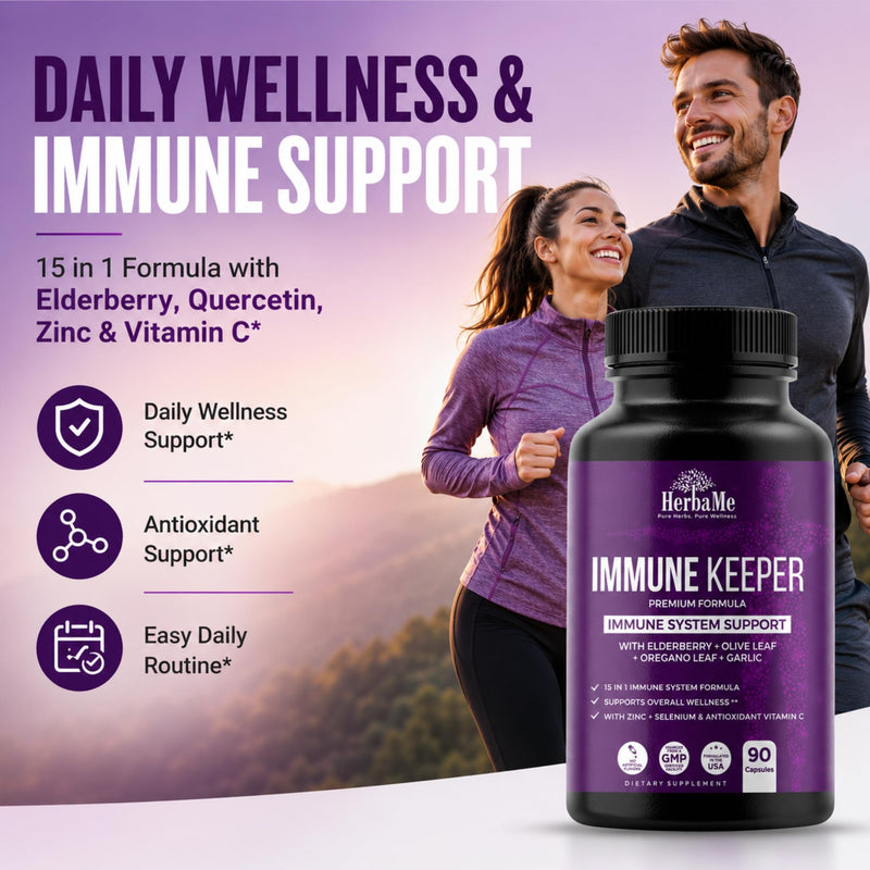 HerbaMe Immune Support Supplement with Elderberry, Quercetin & Zinc | 15-in-1 Formula with Vitamin C, Selenium, Olive Leaf, Garlic for Daily Health, Wellness & Antioxidant Support, 90 Capsules