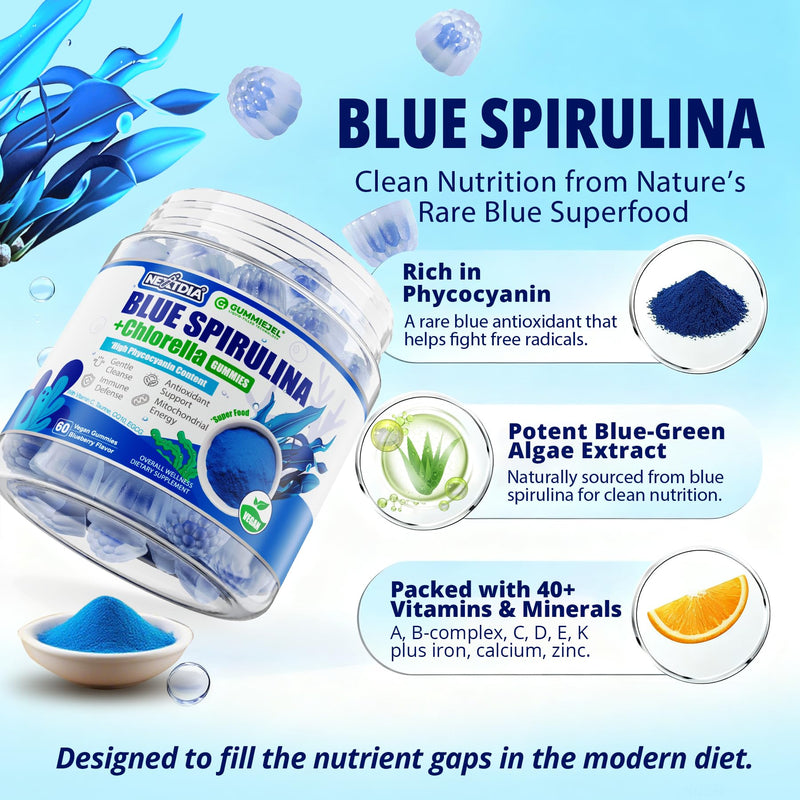 Organic Blue Spirulina Chlorella Gummies, High Phycocyanin Superfood, 120Ct | With CoQ10, Vitamin C, Taurine & Green Tea, Nutrient-Rich Blue-Green Algae, Antioxidant, Energy & Daily Support, Sugar Free 60 Count (Pack of 2)