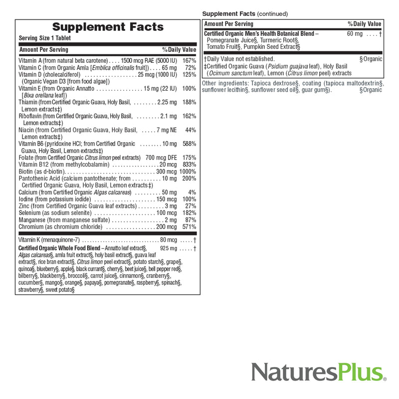 NaturesPlus Source of Life Garden Men’s Once Daily Multivitamin - 30 Tablets - Supports Energy & Stamina - USDA Certified Organic, Non-GMO, Vegan, Gluten Free, Iron Free - 30 Servings