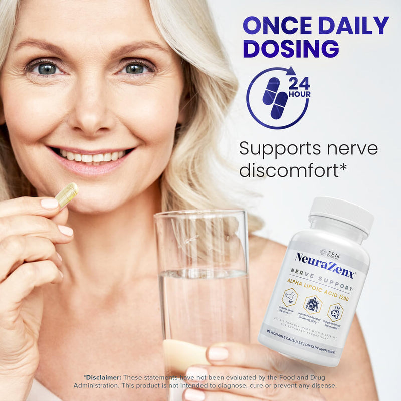 Zen Nutrients NeuraZenX Nerve Support & Peripheral Neuropathy Support Supplement with 1200mg Alpha Lipoic Acid (ALA), Benfotiamine, L-Carnitine, and Turmeric 120 Count (Pack of 1)