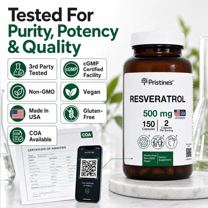 PRISTINE'S Resveratrol 500mg Capsules, 98% Trans-Resveratrol, 150 Count | Healthy aging and antioxidant support from 98% trans-resveratrol. 75 day supply, vegan, non-GMO, gluten-free glass bottle