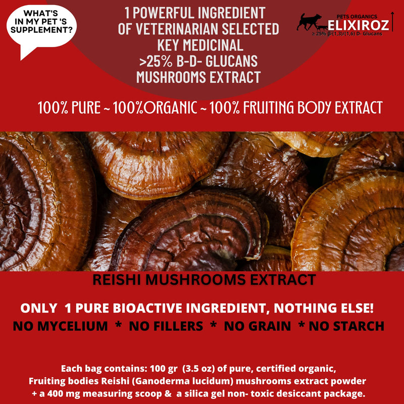 Reishi Mushroom Extract for Dogs & Cats – 35%+ Beta Glucans – Fruiting Body (8:1–12:1 Concentrated) – Immune Support, Calming & Relaxation – No Fillers – 250 Servings