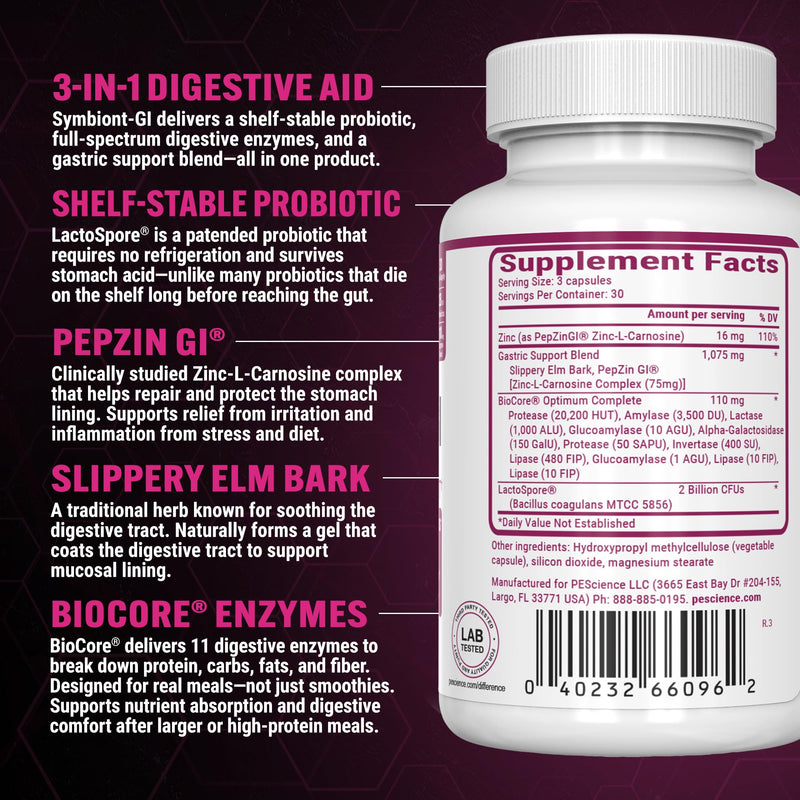 PEScience Symbiont-GI Gut Health Capsules, 90 Capsules, 30 Day Supply | Zinc Carnosine Pepzin GI, Shelf Stable Probiotic, Digestive Enzymes, Slippery Elm Bark