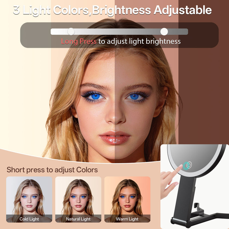 Travel Makeup Mirror with Lights & Foldable Stand, 6" Double Sided 1X/40X Magnifying Portable Lighted Hand Mirror for Men Women, 1X Full Face & 40X POWERFUL Magnification Only for Details Checking Black.1x/40x