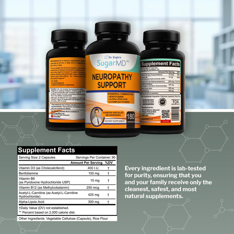 SugarMD Neuropathy Support Supplement – 180 Nerve Supplement Capsules with Alpha Lipoic Acid, Benfotiamine & Vitamin D3 B6 B12 - Nerve Support for Feet Hands Fingers & Legs - 90 Day Supply