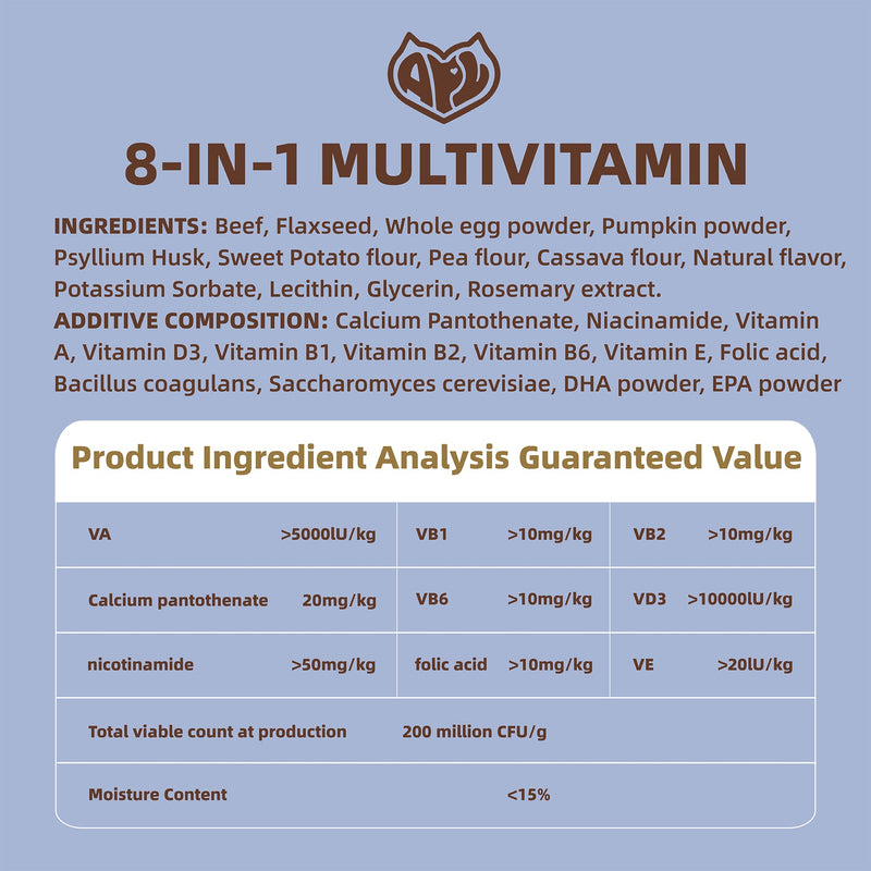 APL 8 in 1 Dog Multivitamins, Multivitamin Supplement with Probiotics DHA and EPA for Dogs, Supports Immunity Digestion Energy Skin and Coat Health, Beef Flavor Soft Chews, 300 Count
