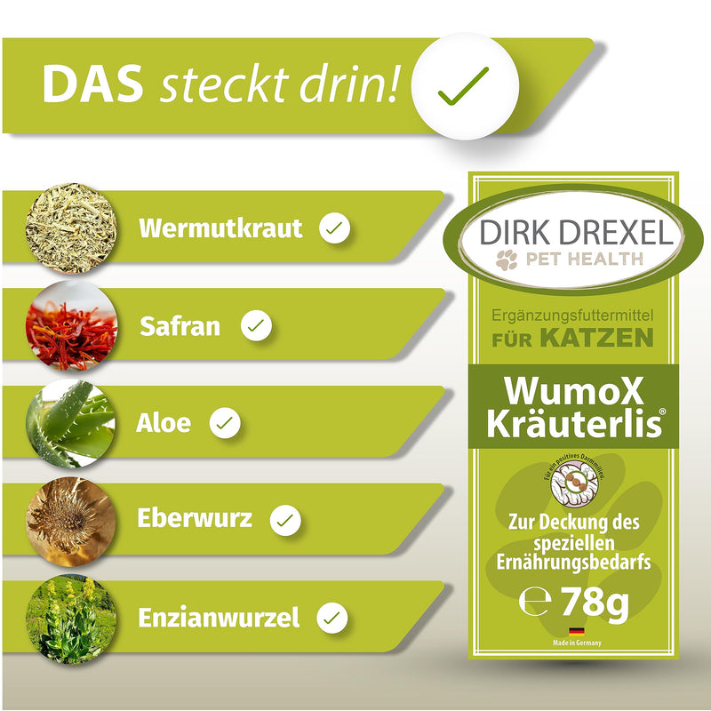 Dirk Drexel WumoX Kräuterlis for cats | Treats with herbal extracts | natural nutrition to strengthen the intestinal environment | with real wormwood | natural alternative 3 month treatment - BeesActive Australia