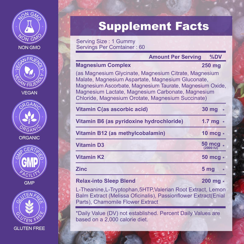 Magnesium Complex Gummies, Calm Relaxation & Deep Sleep Support, 12-in-1 Magnesium Glycinate with L-Theanine, Vitamin D3, K2, Zinc – for Women & Men, No Added Sugar