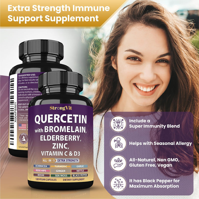 StrongVit Quercetin with Bromelain, Elderberry, Vitamin C, D3 and Zinc. Super Immune Support Supplement. Organic Complex for Men & Women, Non-GMO, Gluten-Free, Vegan, USA (120 Capsules) 120 Count (Pack of 1)