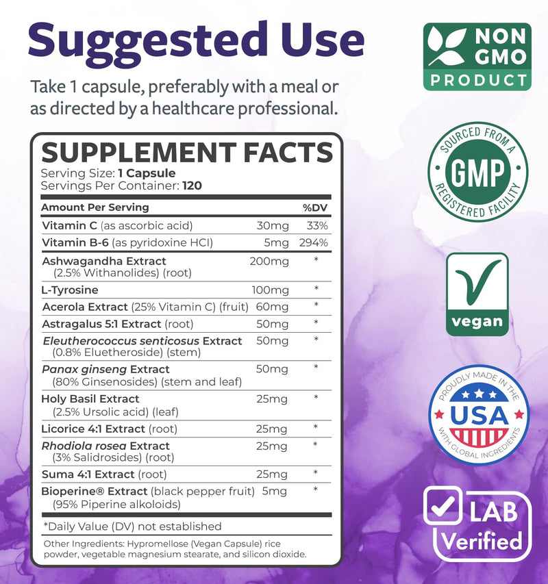 Adrenal Support & Cortisol Manager (Non-GMO) Powerful Adrenal Health with L-Tyrosine & Ashwagandha - Maintain Balanced Cortisol Levels & Stress Relief - Fatigue Supplement - 120 Capsules 120 Count (Pack of 1)
