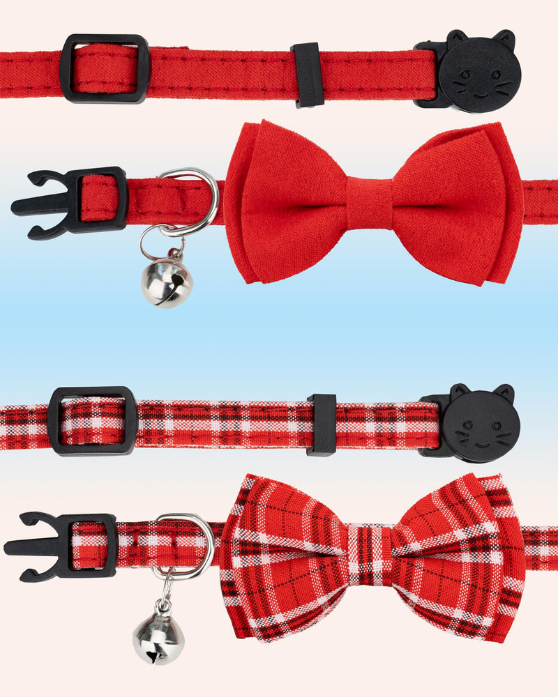 Cat Collar Breakaway Bowtie Safety with Bell Adjustbale Kitten Puppy Solid Plaid Color Set J-[2pcs] Red - BeesActive Australia
