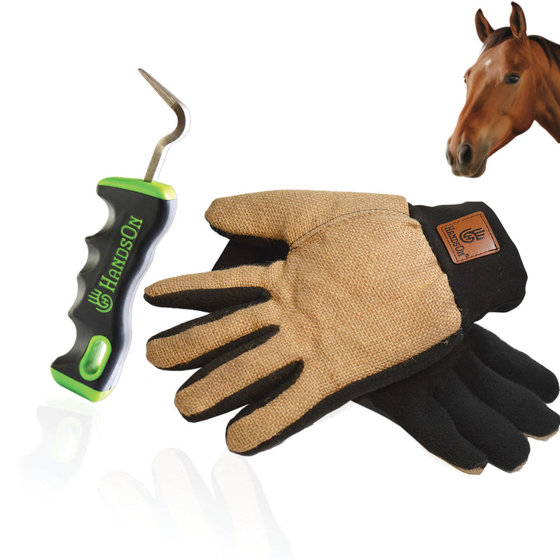 Handson Hoof Pick & Finishing Gloves Bundle – Essential Horse Grooming Set for Coat & Hoof Care – Metal Pick w/Hoof Filer & Gloves for Shiny Horse Coat (Large)