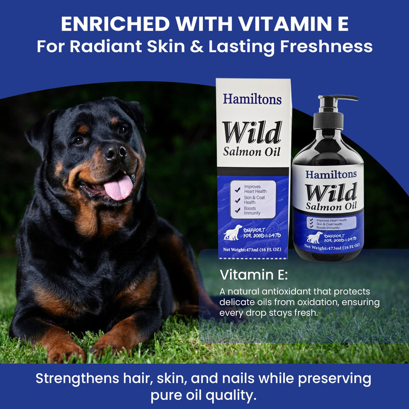 Hamiltons Wild Salmon Oil for Dogs & Cats – Pure Natural Omega-3 Supplement with Vitamin E – Promotes Healthy Skin, Shiny Coat Care, Joints & Heart – Pet Salmon Fish Oil