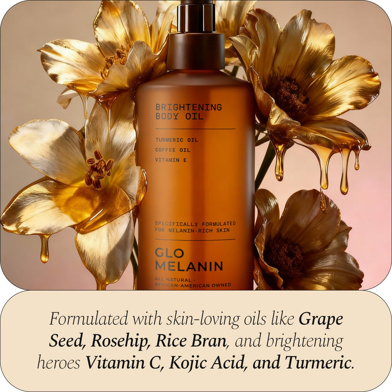 Glo Melanin Brightening Body Oil – Topical Moisturizer with Vitamin C, Kojic Acid & Turmeric – Lightweight Hydrating Cosmetic Oil for Melanin-Rich Skin (8 oz / 230 ml) | For Dark spots - Hyperpigmentation - Dull and Dry Skin, Topical Moisturizer with V...